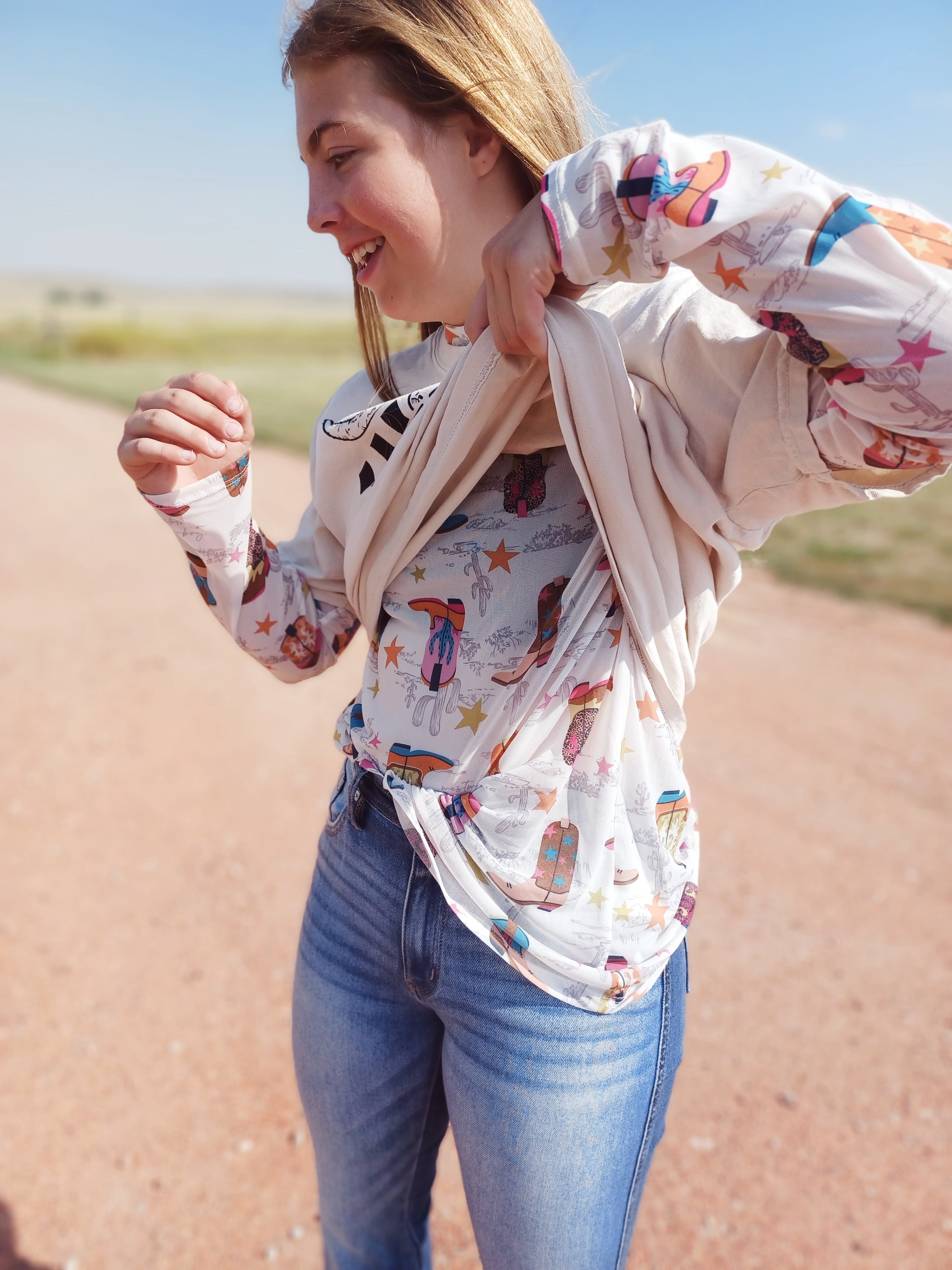 Cowgirl boots mesh womens under graphic ts top