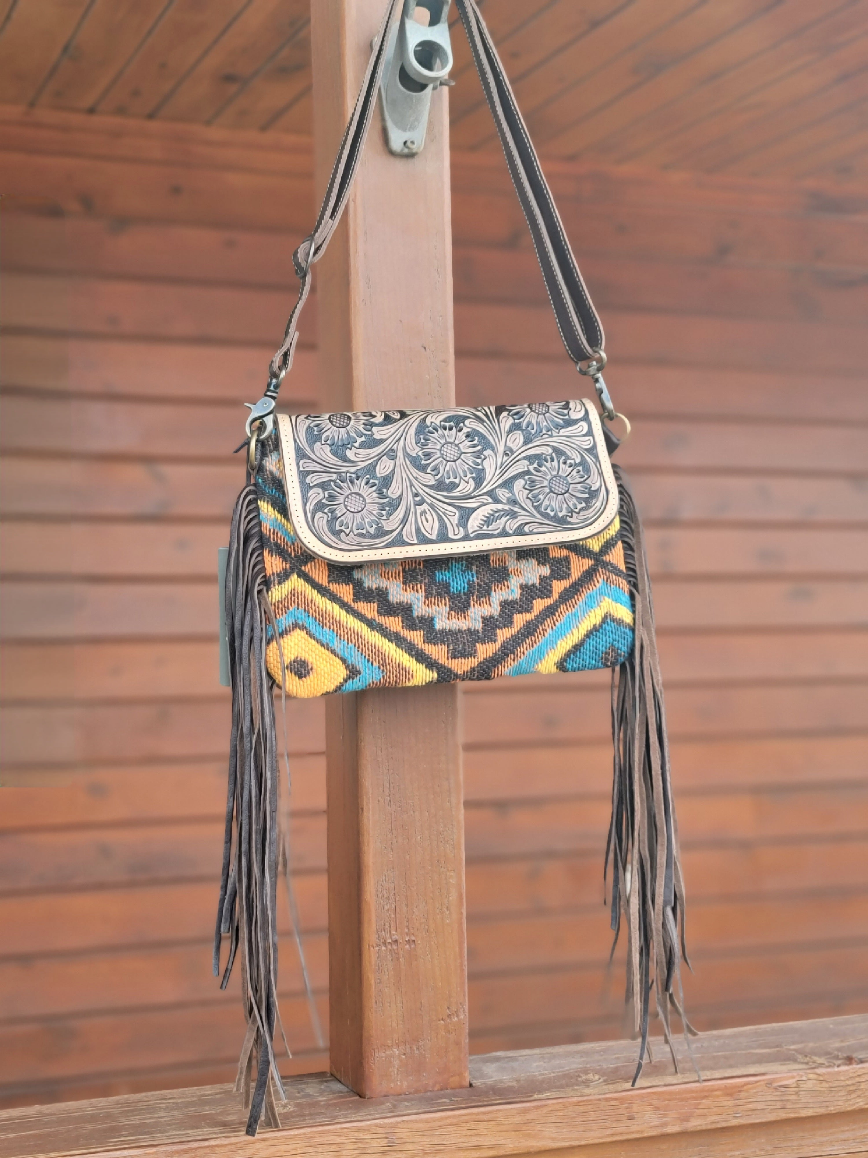 Saddle blanket leather fringe purse