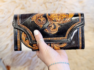 Hairon hide tooled leather wallet