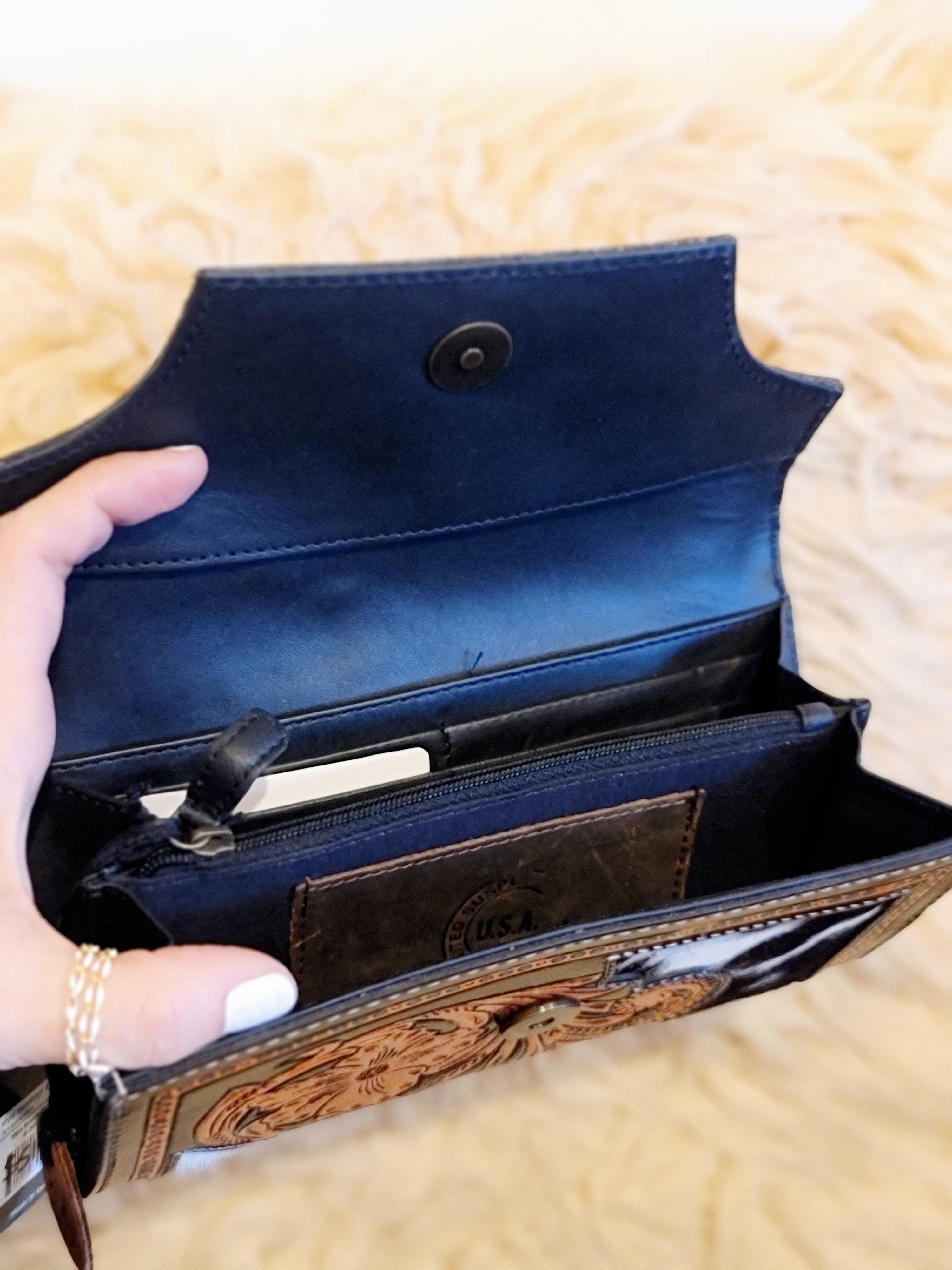 Hairon hide tooled leather wallet