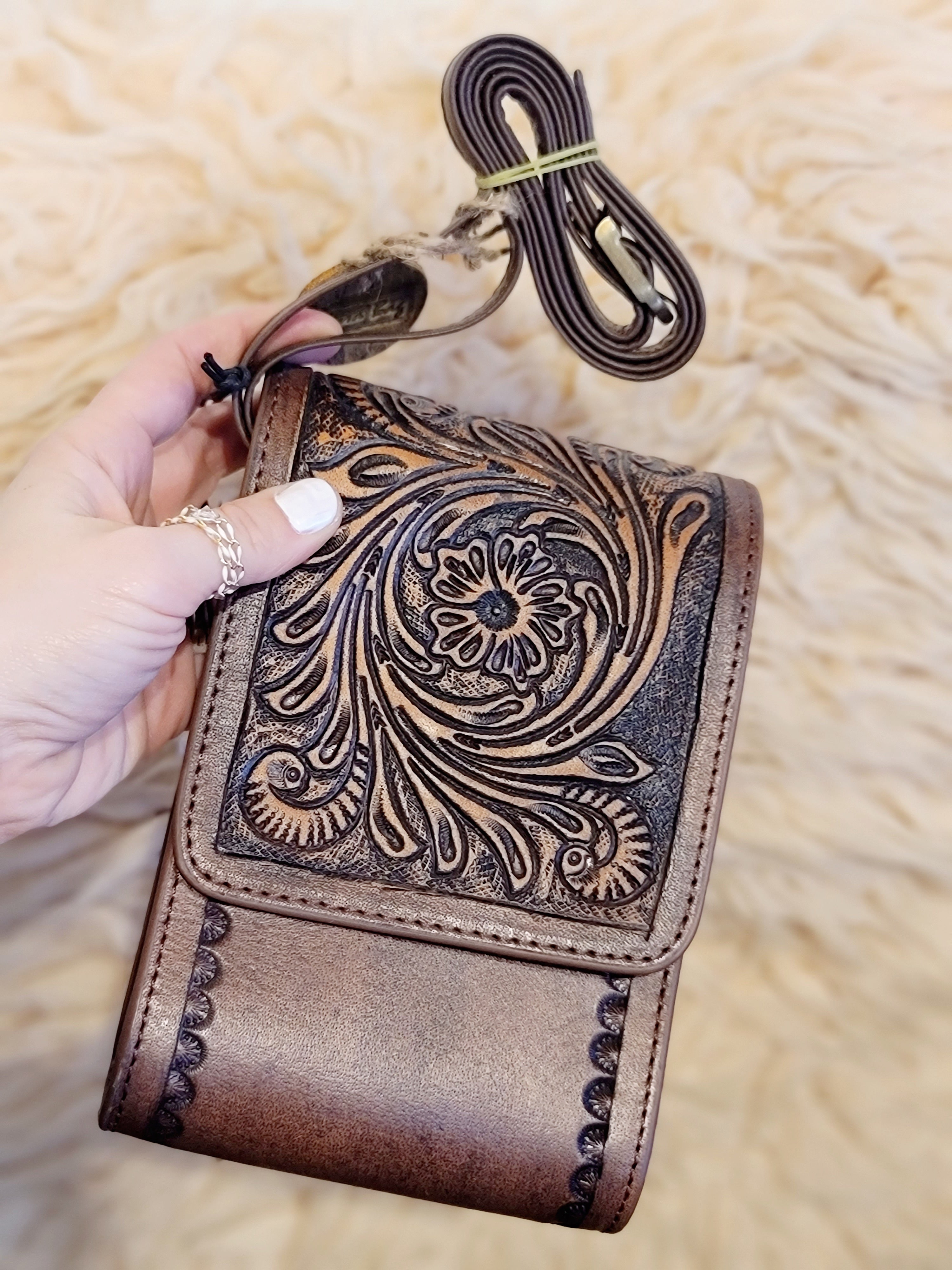 Crossbody hand tooled leather open concept purse