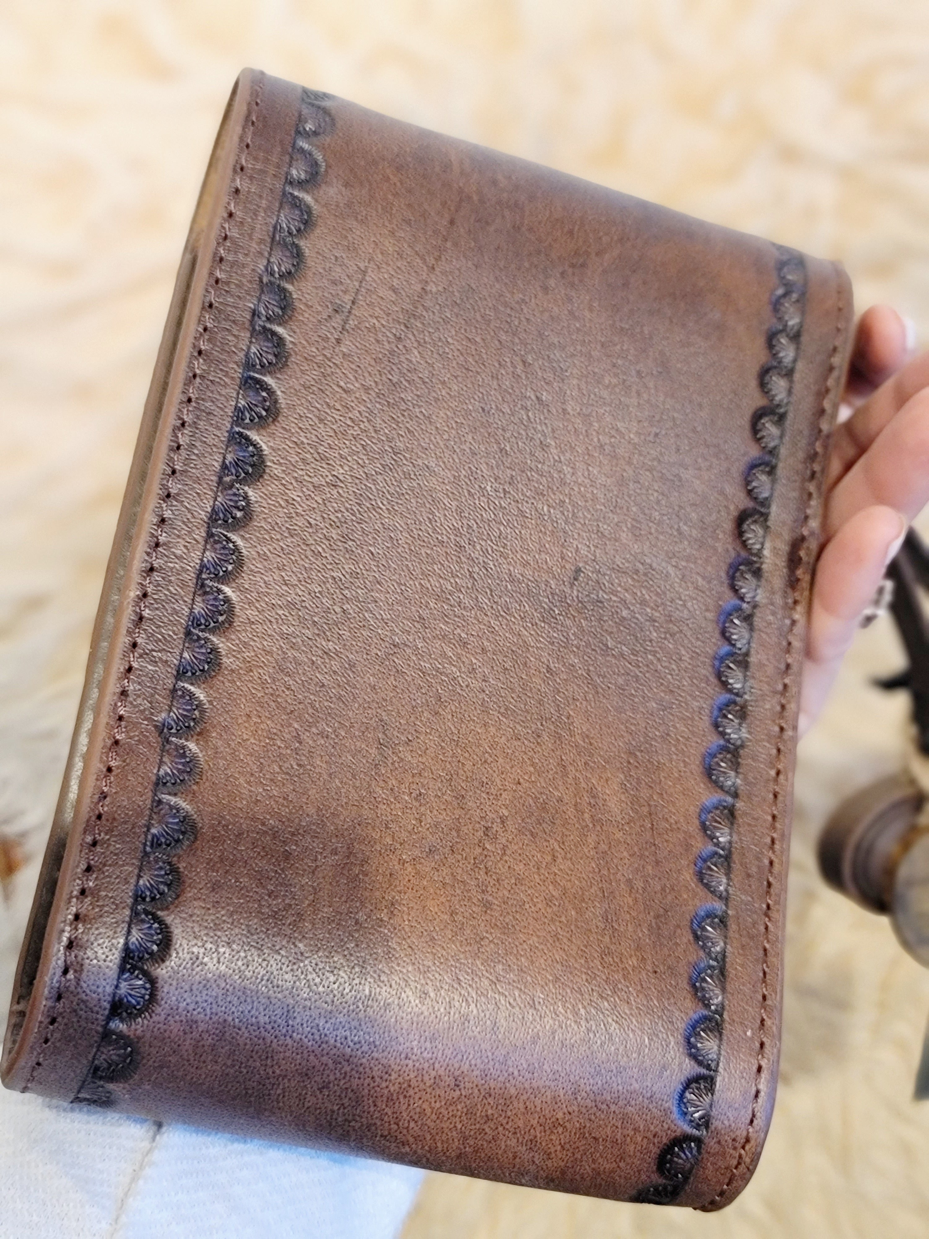 Crossbody hand tooled leather open concept purse